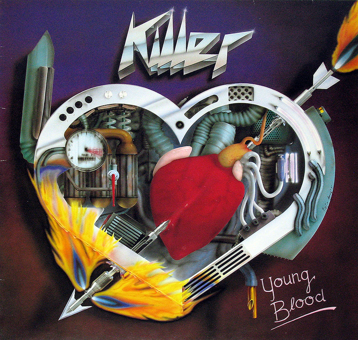 The album's cover art for "Young Blood" features a striking image of a flaming iron arrow piercing through an exposed mechanical heart. 